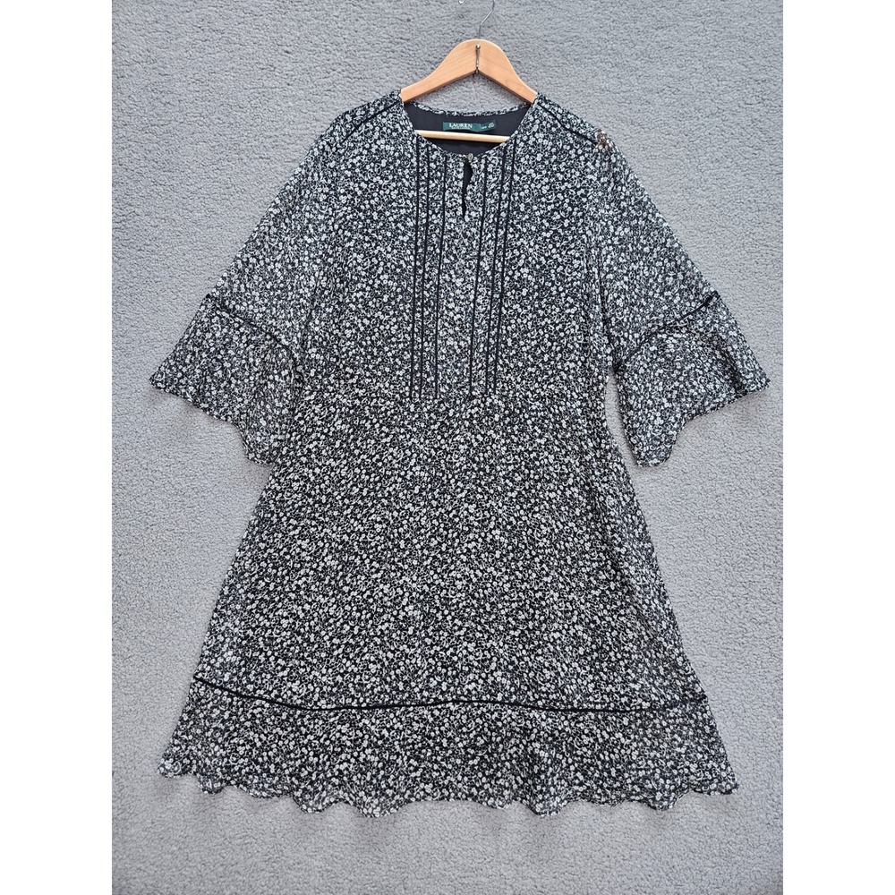 Lauren Ralph Lauren Dress 16W Black White Floral Pintuck Bell Sleeve Boho Plus